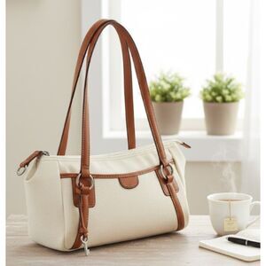 Fossil Key Shoulder Bag Tan Canvas Purse Brown Leather Trim Key Charm